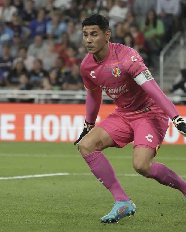 Aug 10, 2022; Saint Paul, MN, USA; Liga MX goalkeeper Oscar Ustari (5) of CF Pachuca defends during the 2022 MLS All-Star Game at Allianz Field. Mandatory Credit: Kirby Lee-USA TODAY Sports
